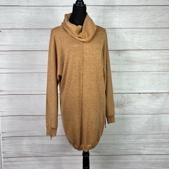 Promesa Women's Tan Mustard Wool Blend Cowlneck Fringe Back Sweater Dress - Picture 1 of 9